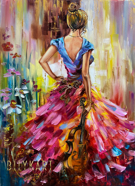 Abstract Woman Violinist Oil Painting Original Modern Music Wall Art Contemporary Girl in Pink Dress Painting on Canvas