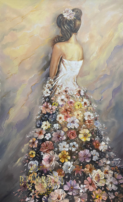 Elegant Lady Oil Painting on Canvas, Woman in Floral Dress Wall Art, Girl in Flower Dress Painting Original 30x60