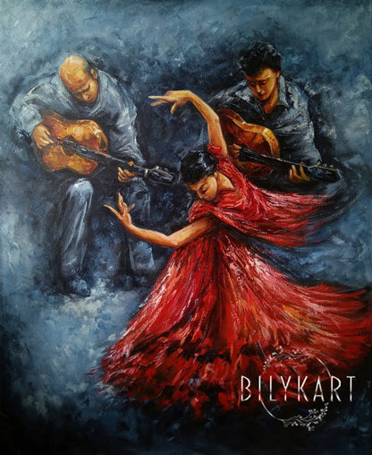 Flamenco Dancer Painting on Canvas Flamenco Dance Wall Decor Spanish Dancer with Guitarists Oil Painting Original Dancing Woman Art