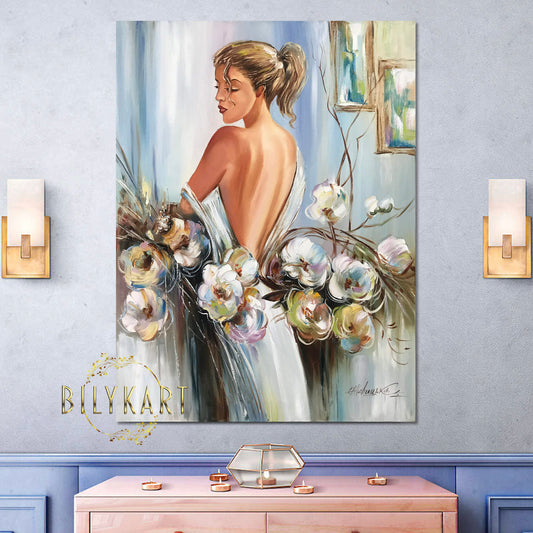 Elegant Woman in White Dress Painting on Canvas Elegant Wall Art for Bedroom Flower Girl with Orchids Oil Painting Original Woman Back Painting