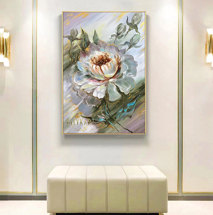 Extra Large Flower Oil Painting on Canvas Abstract White Green Floral Canvas Wall Art Oversized White Flower Painting 40x60"