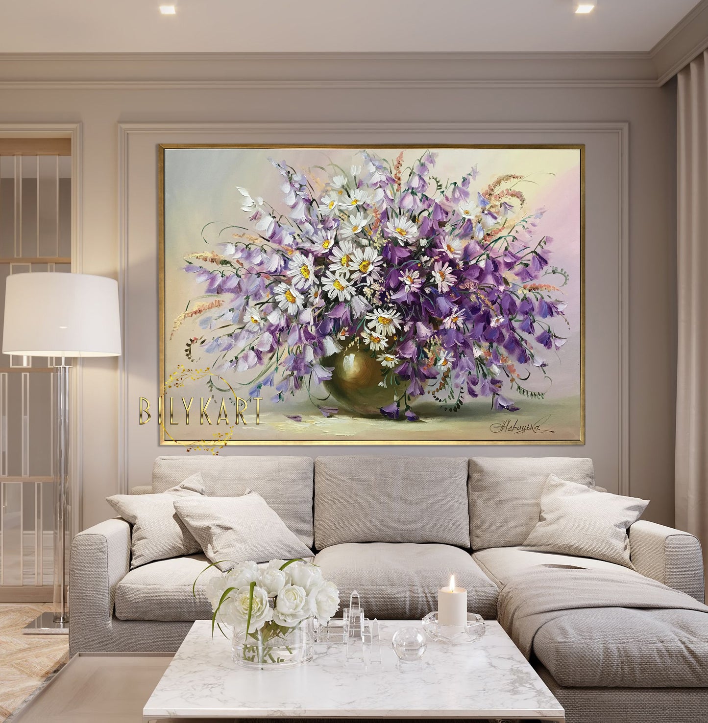 Purple Wildflowers Bouquet Oil Painting Flowers in Vase Artwork Still Life Flower Vase Painting on Canvas