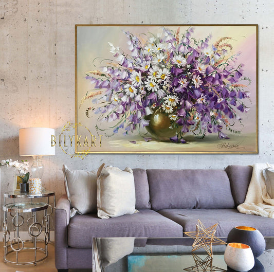 Purple Wildflowers Bouquet Oil Painting Flowers in Vase Artwork Still Life Flower Vase Painting on Canvas