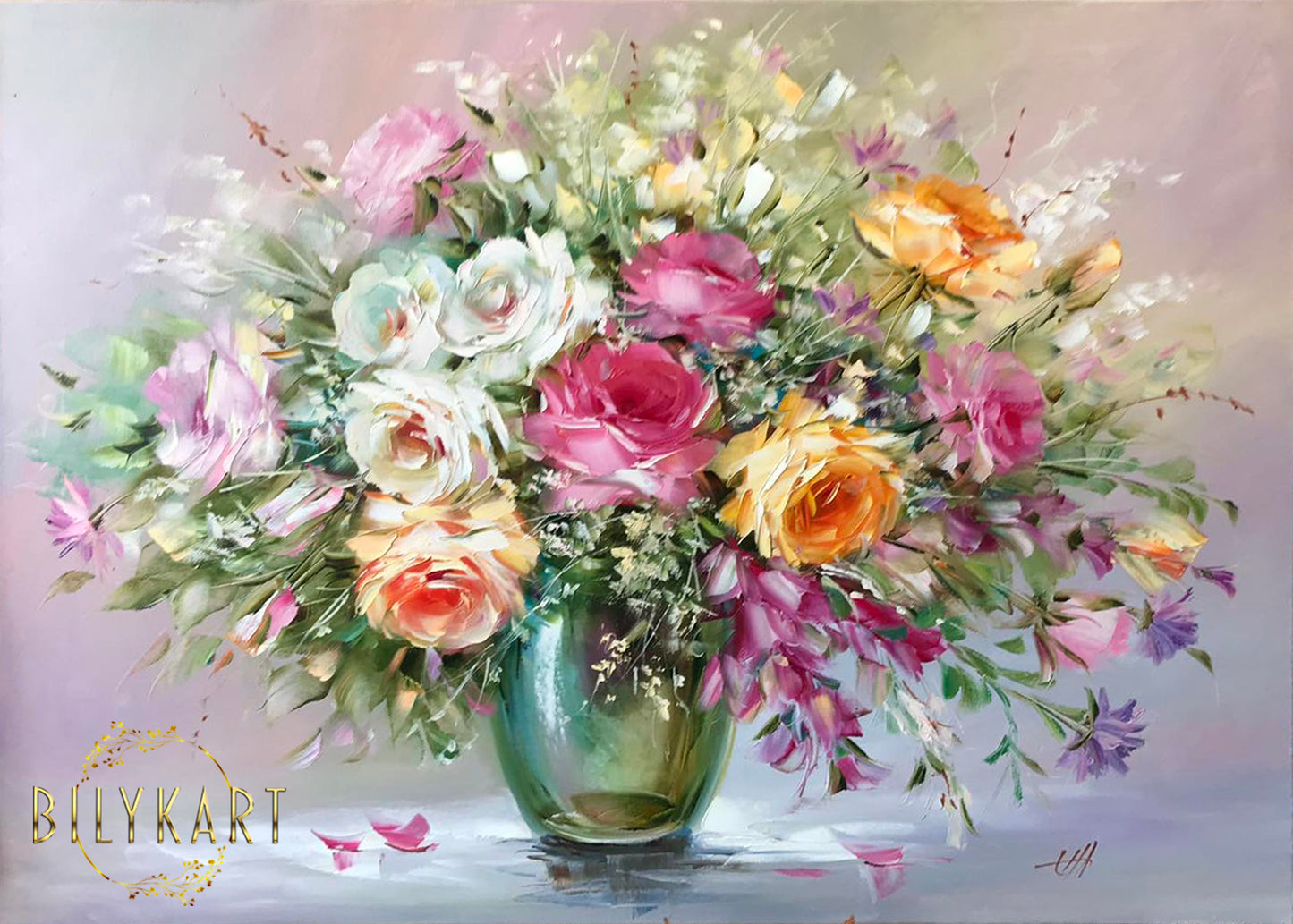 Flower Bouquet Painting on Canvas, Roses in Vase Oil Painting, Still Life Flowers Artwork, Colorful Flowers Painting