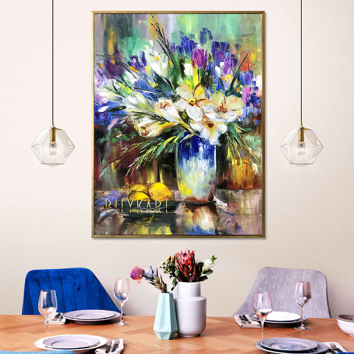 Large Flowers Oil Painting Original Abstract Floral Wall Art Classic Flower Art Flowers Bouquet in Vase Abstract Flower Still Life Painting on Canvas