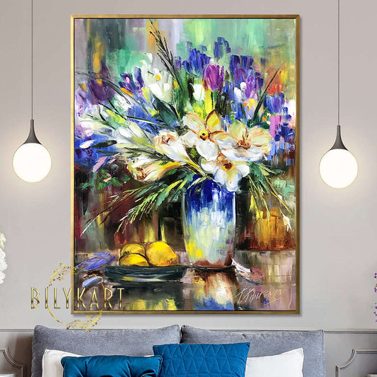 Large Flowers Oil Painting Original Abstract Floral Wall Art Classic Flower Art Flowers Bouquet in Vase Abstract Flower Still Life Painting on Canvas