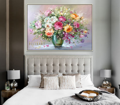 Flower Bouquet Painting on Canvas, Roses in Vase Oil Painting, Still Life Flowers Artwork, Colorful Flowers Painting