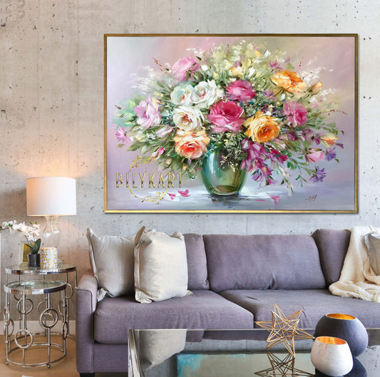 Flower Bouquet Painting on Canvas, Roses in Vase Oil Painting, Still Life Flowers Artwork, Colorful Flowers Painting