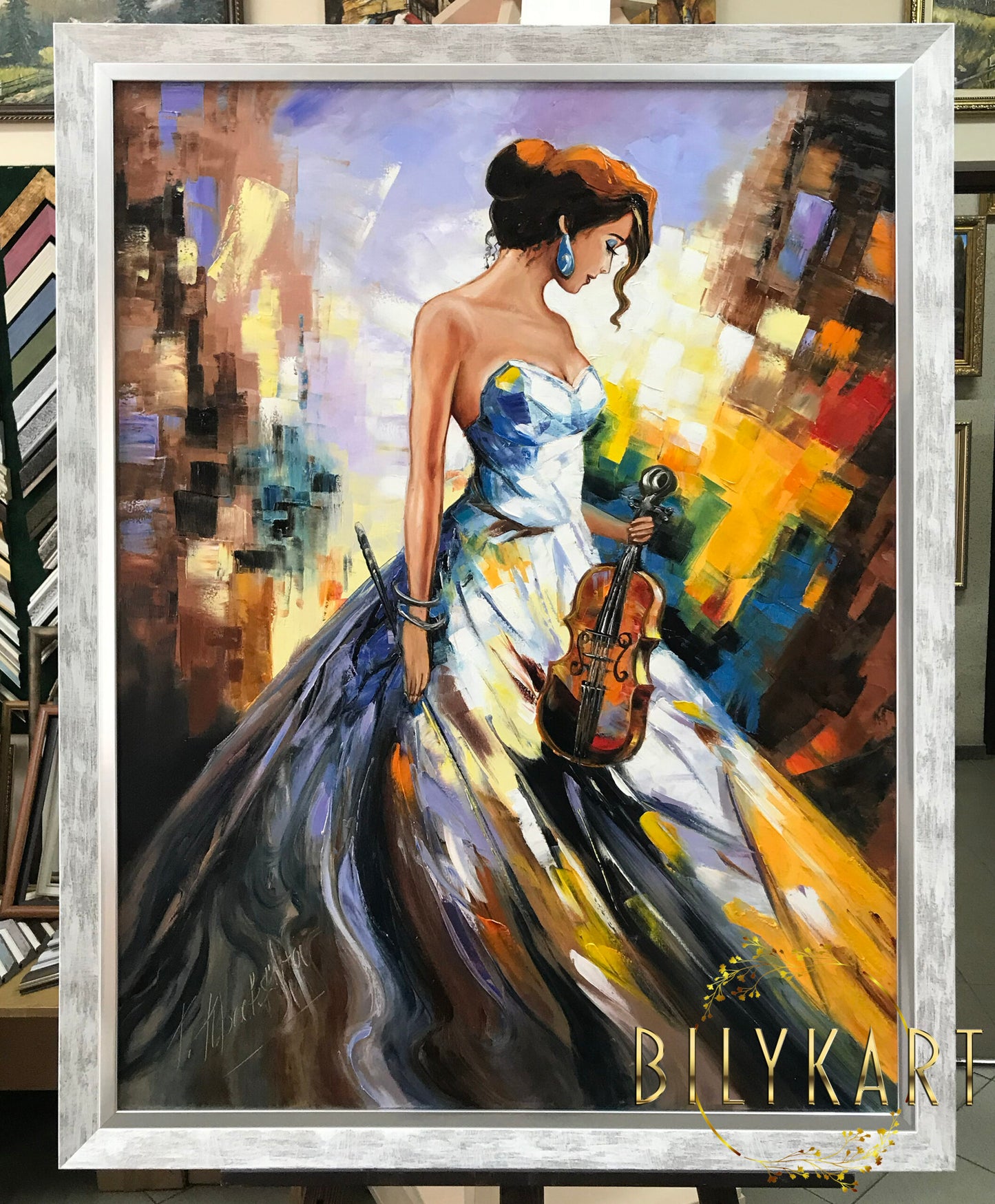 Abstract Woman in Dress Oil Painting Original Modern Music Oil Painting Abstract Female Art Framed The Violinist Painting with White Frame