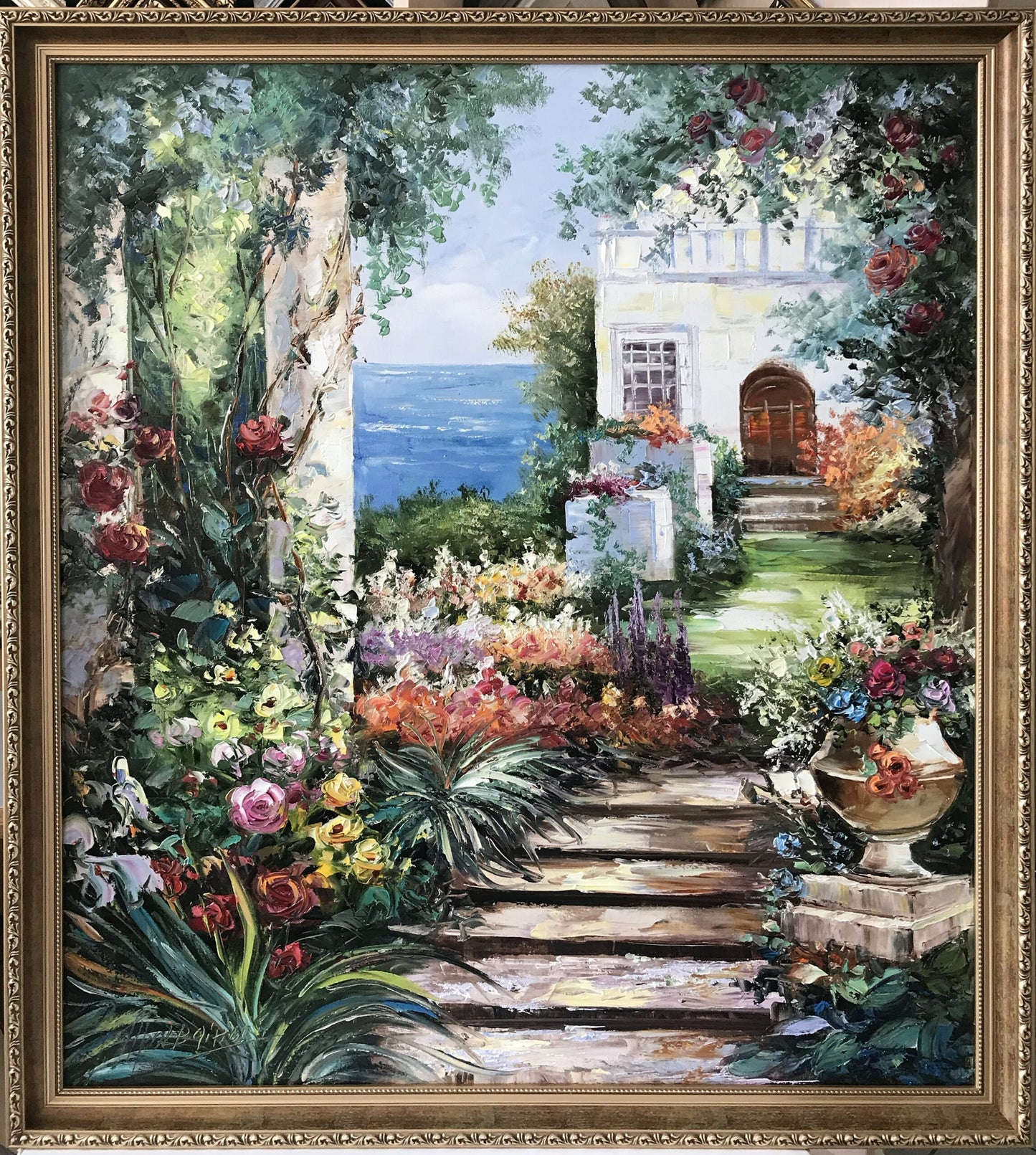 Italian Garden Painting on Canvas Italy Landscape Oil Painting Framed Italian Wall Art Floral garden Painting