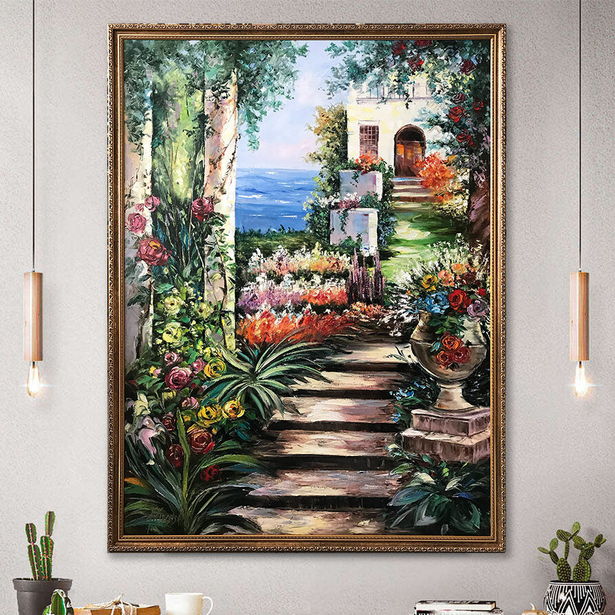 Positano Coast Oil Painting Original Italian Art Decor Flower Garden Artwork Italy Painting on Canvas Italy Wall Art Amalfi Coast Painting