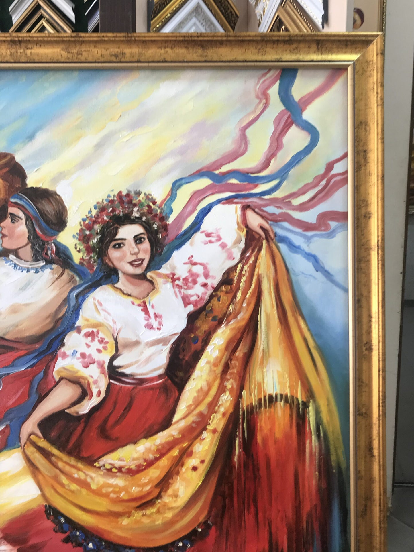 Ukrainian Dancers Painting on Canvas Ukraine Folk Art Dancing Girl Oil Painting Original Colorful Ukrainian Framed Art