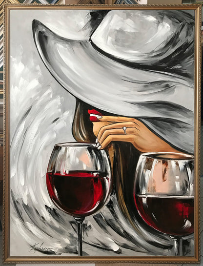 Wine Glasses Art Original Mysterious Woman Painting Red Lips Art Alcohol Painting Modern Room Decor Black Red Wall Art Wine Bar Art Decor
