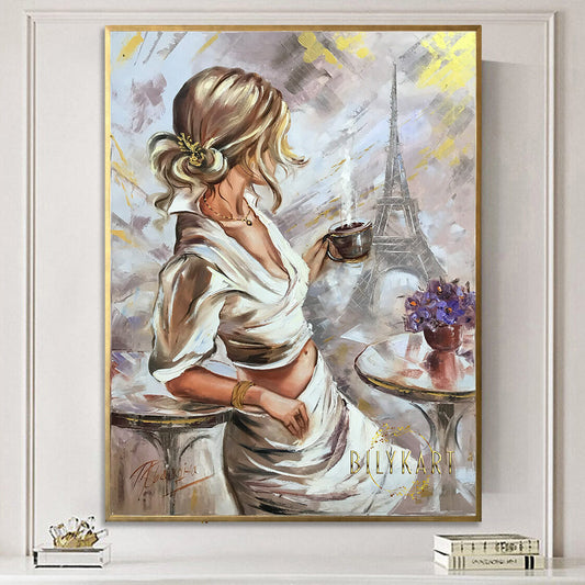 Girl With Coffee Mug Painting in Paris Wall Art Lady in Paris Oil Painting Original Eiffel Tower Artwork Woman in Paris Gifts