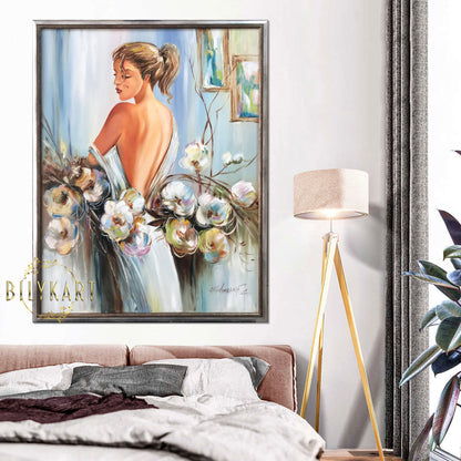 Elegant Woman in White Dress Painting on Canvas Elegant Wall Art for Bedroom Flower Girl with Orchids Oil Painting Original Woman Back Painting