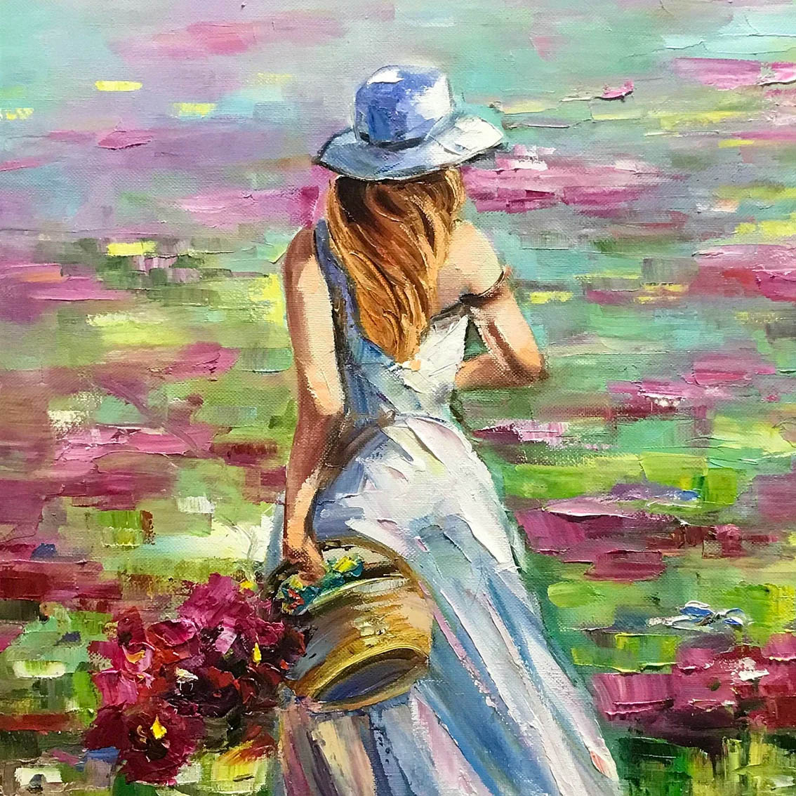 Beautiful Girl with Flower Basket Painting on Canvas Wild Flower Meadow Canvas Wall Art Flower Gift for Her Woman in Field Painting 30x40 Summer Wall Decor