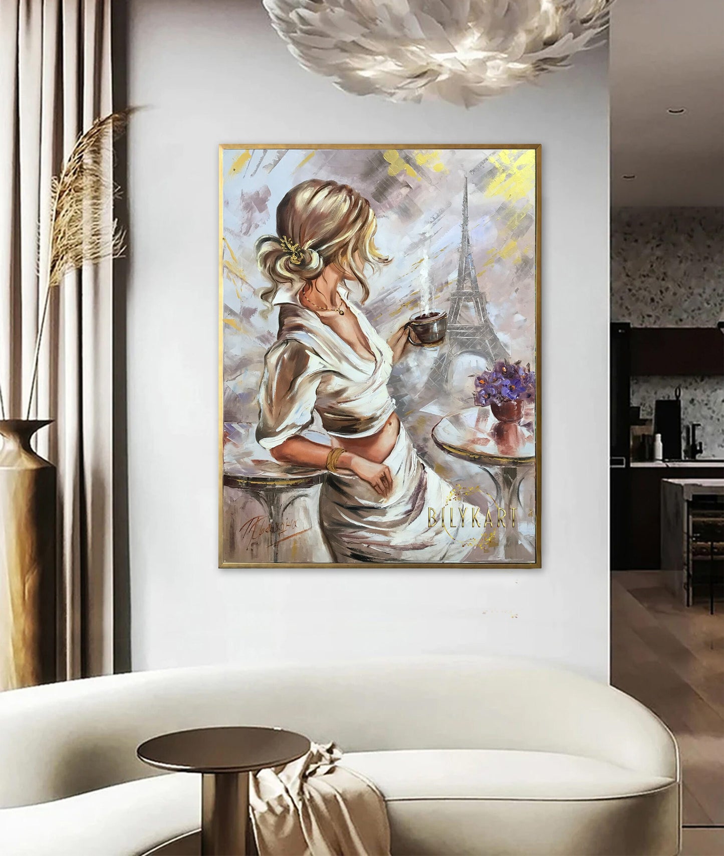 Girl With Coffee Mug Painting in Paris Wall Art Lady in Paris Oil Painting Original Eiffel Tower Artwork Woman in Paris Gifts