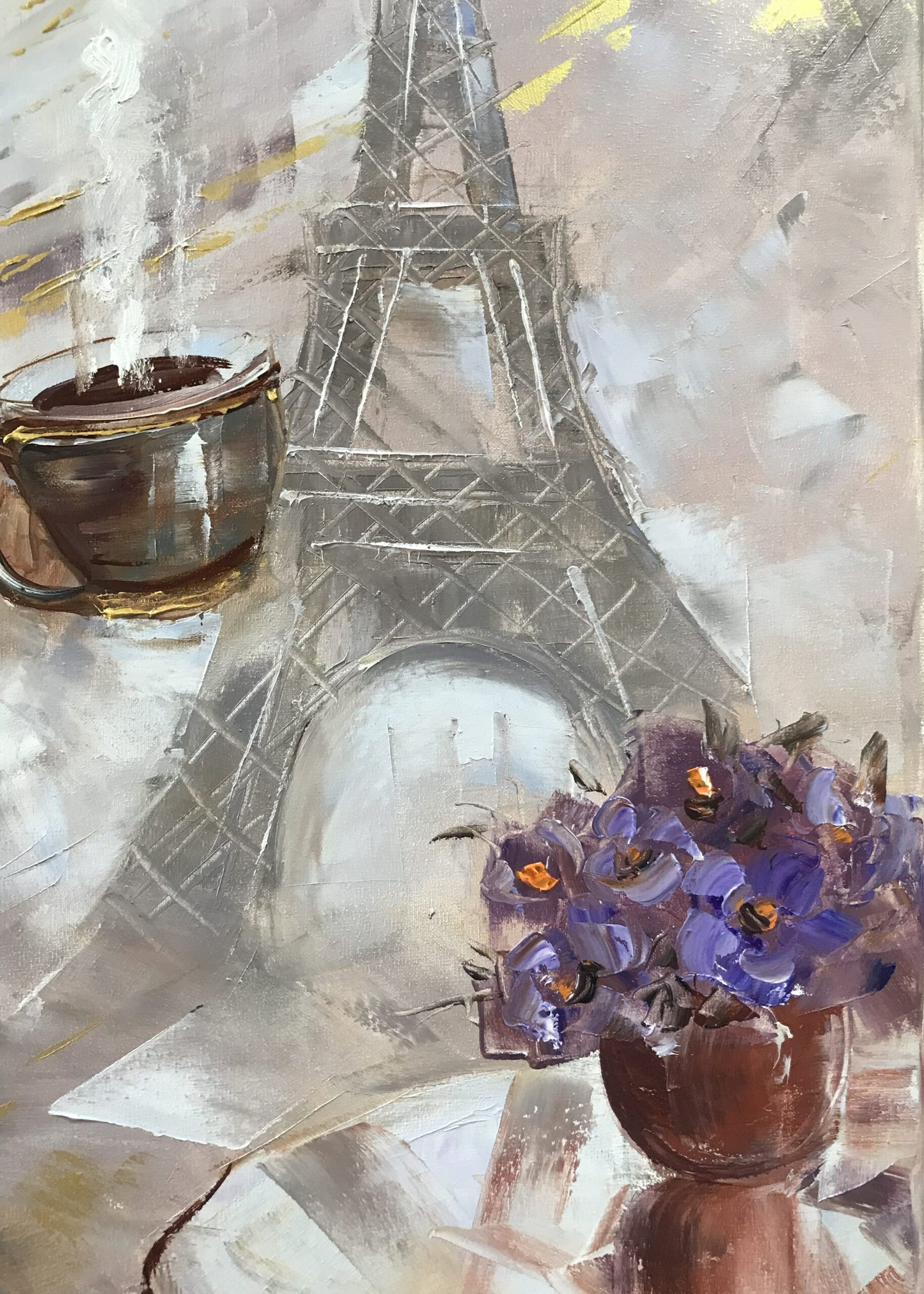Girl With Coffee Mug Painting in Paris Wall Art Lady in Paris Oil Painting Original Eiffel Tower Artwork Woman in Paris Gifts