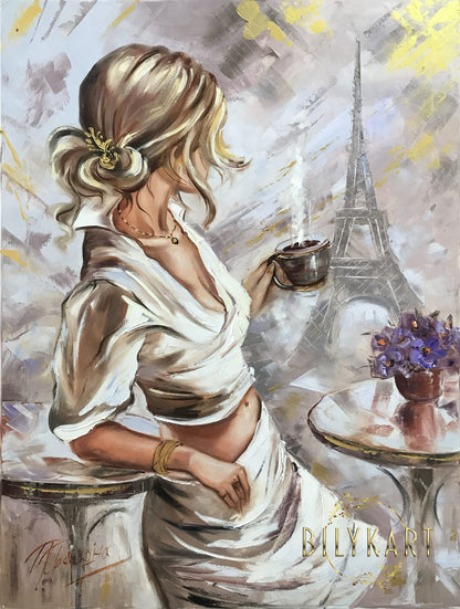 Girl With Coffee Mug Painting in Paris Wall Art Lady in Paris Oil Painting Original Eiffel Tower Artwork Woman in Paris Gifts