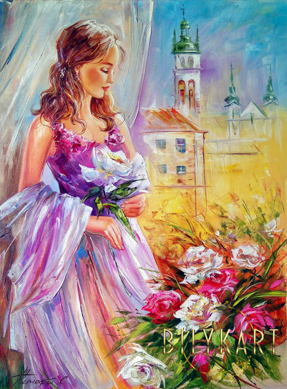 Beautiful Woman with Flowers Painting on Canvas Pretty Girl at Window Oil Painting Original Woman in Purple Dress Classic Artwork