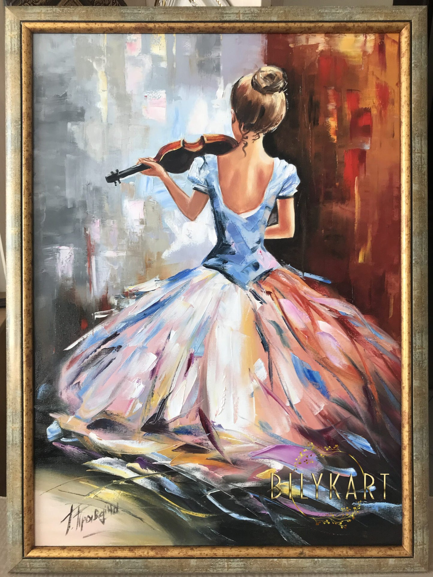 Girl Playing Violin Painting on Canvas Violinist Artwork Abstract Woman Back Oil Painting of Woman From Behind Violin Gift