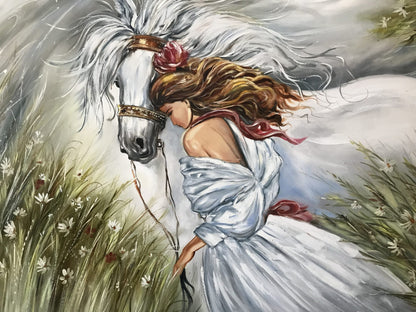 Woman with Horse Painting on Canvas White Horse Canvas Wall Art Girl and Horse Oil Painting Original Classic Artwork
