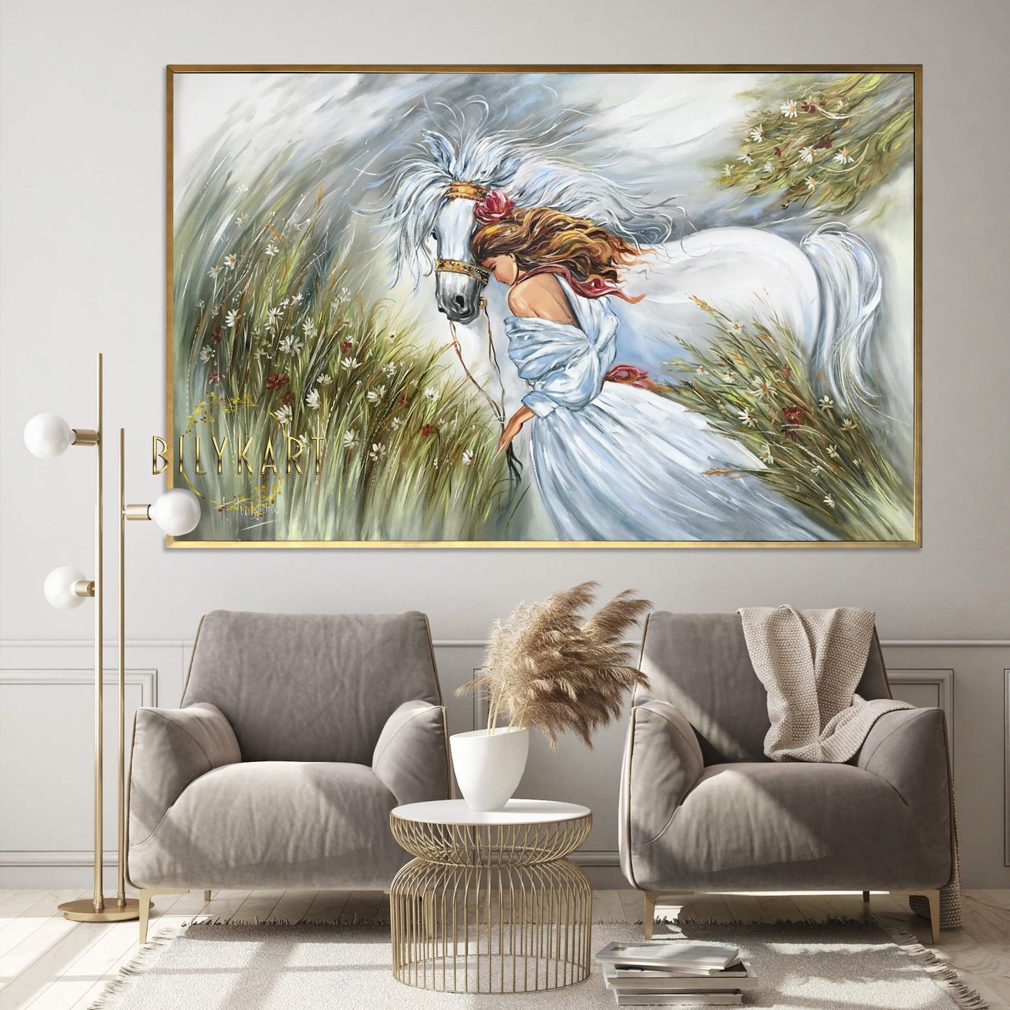 Woman with Horse Painting on Canvas White Horse Canvas Wall Art Girl and Horse Oil Painting Original Classic Artwork