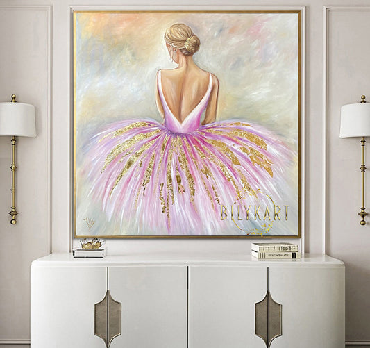 Pink and Gold Ballerina Painting on Canvas Ballerina Wall Decor For Girl Ballet Dancer Oil Painting