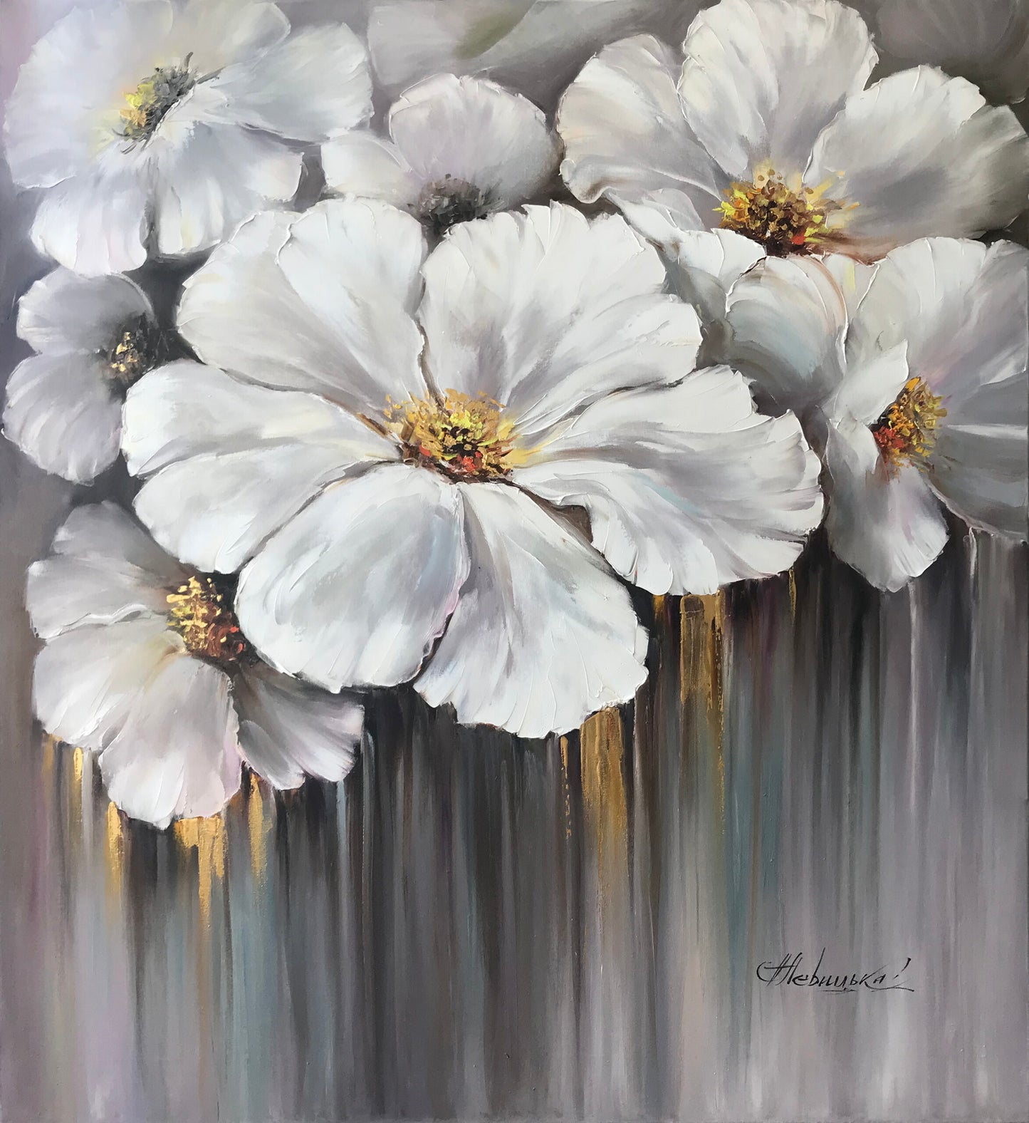 Extra Large White Flowers Painting on Canvas White and Gold Flower Wall Decor Flowers in Bloom Oil Painting
