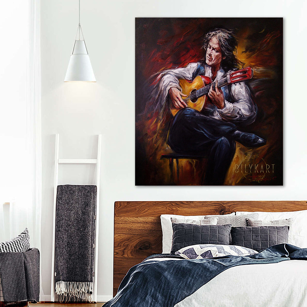 Abstract Guitar Player Painting on Canvas Large Guitar Canvas Wall Art Mexican Guitarist Oil Painting Original Guitar Gift for Husband