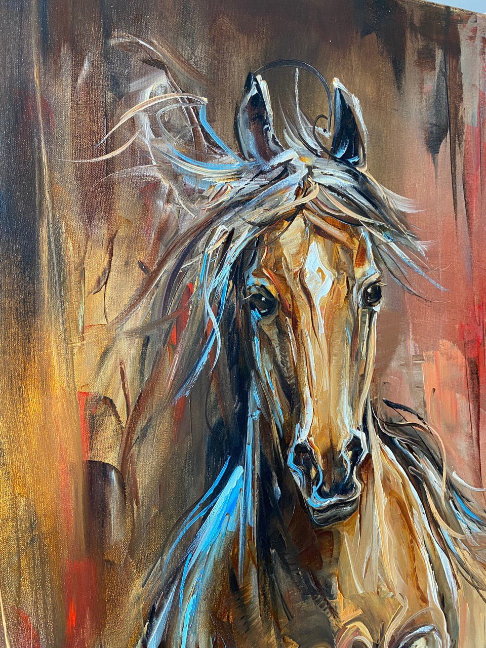 Running Horse Oil Painting on Canvas, Large Brown Horse Wall Art, Modern Abstract Horse Painting Original