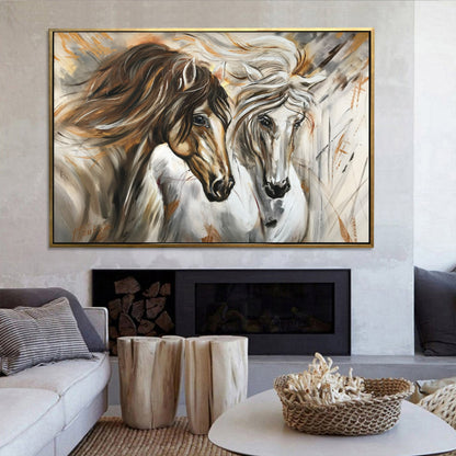Large Horse Oil Painting on Canvas Abstract Wild Horse Art Two Horses Equestrian Painting Arabian Horse Artwork Extra Large White Horse Painting