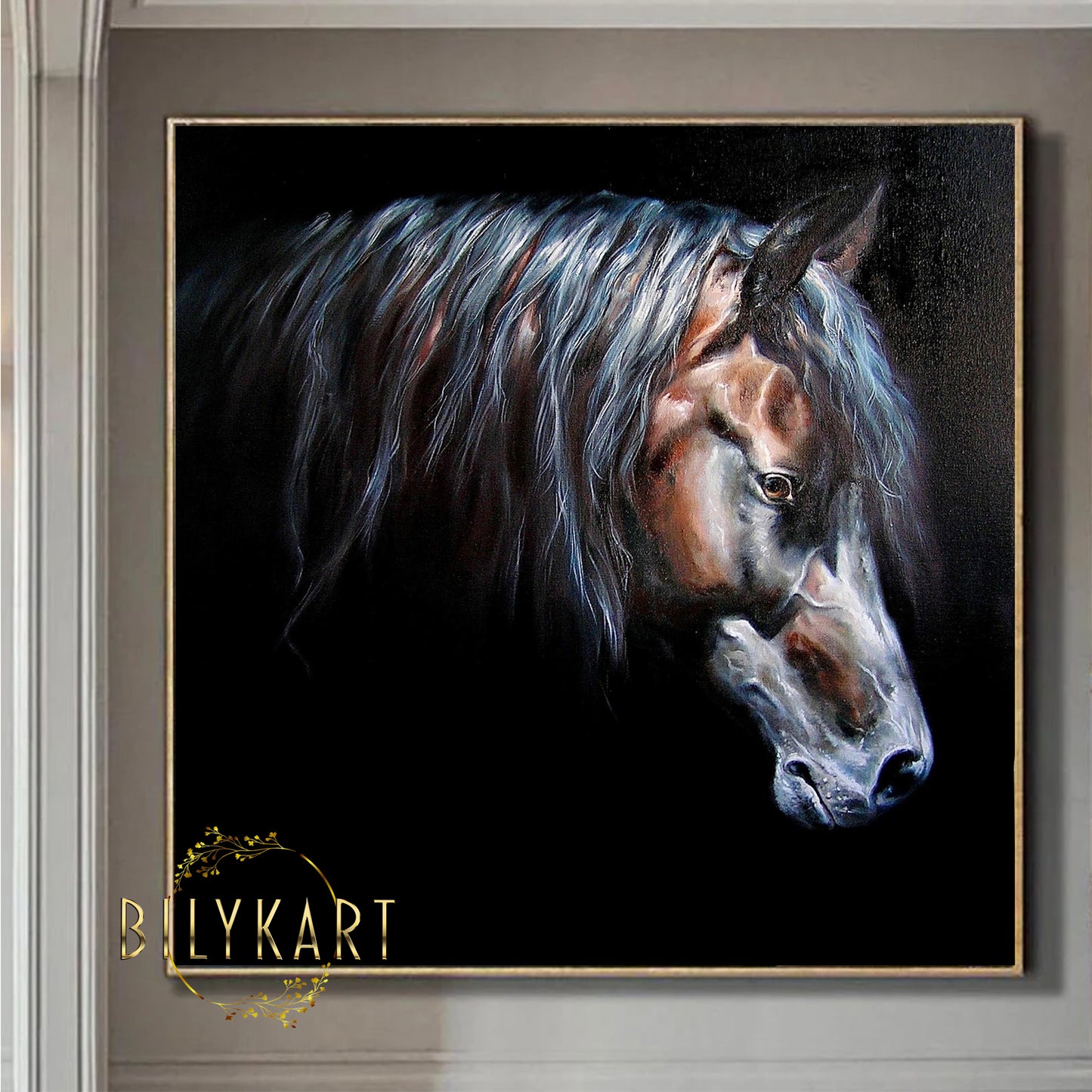 large horse painting black and white