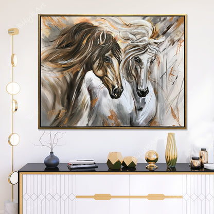 Large Horse Oil Painting on Canvas Abstract Wild Horse Art Two Horses Equestrian Painting Arabian Horse Artwork Extra Large White Horse Painting