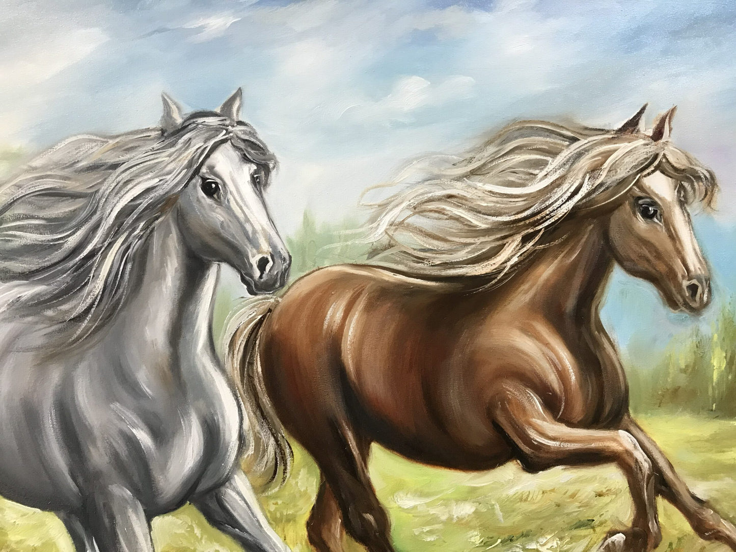2 Running Horses Oil Painting on Canvas Wild Animal Wall Art Brown and White Horse Painting