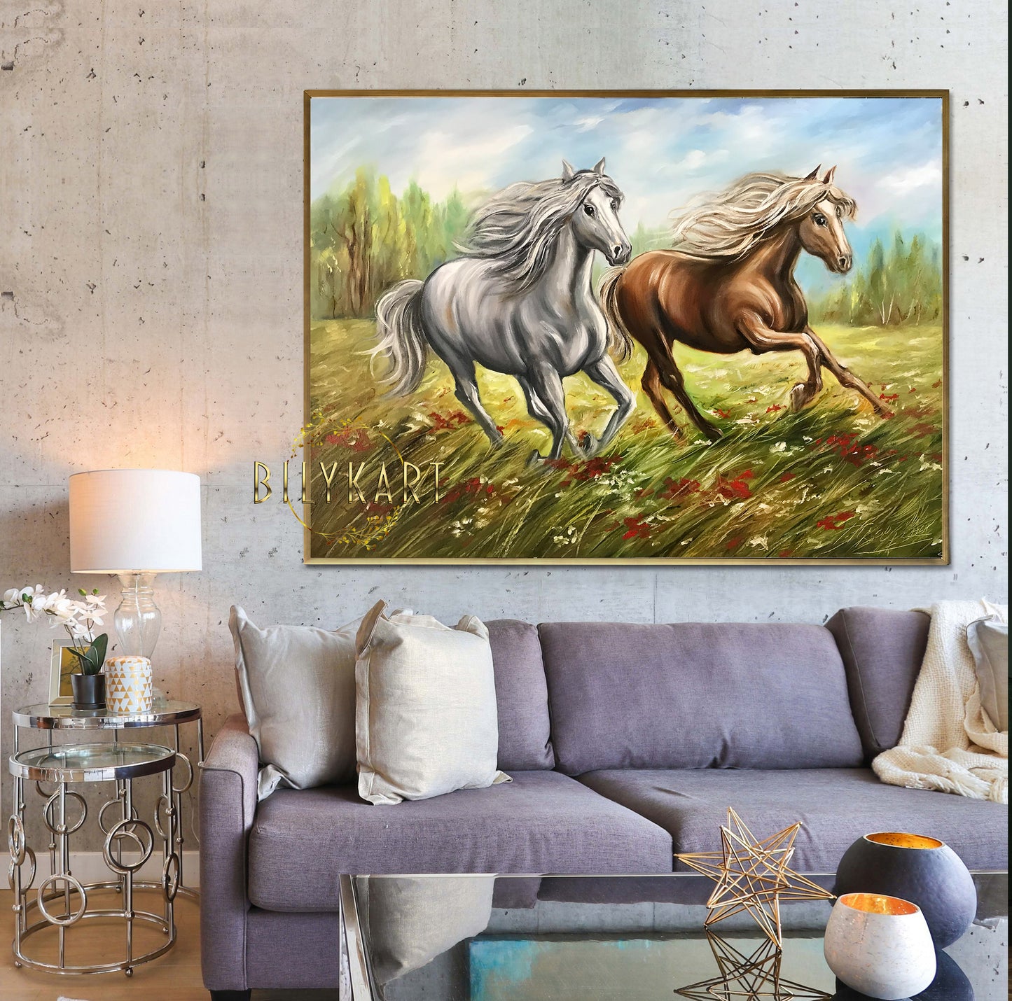 2 Running Horses Oil Painting on Canvas Wild Animal Wall Art Brown and White Horse Painting