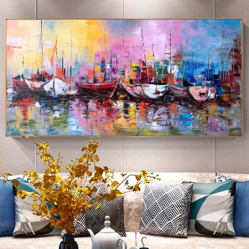 Abstract Sailing Boats Paintings on Canvas Colorful Boat Wall Art Extra Large Abstract Paintings of Sailboats at Sunset Artwork