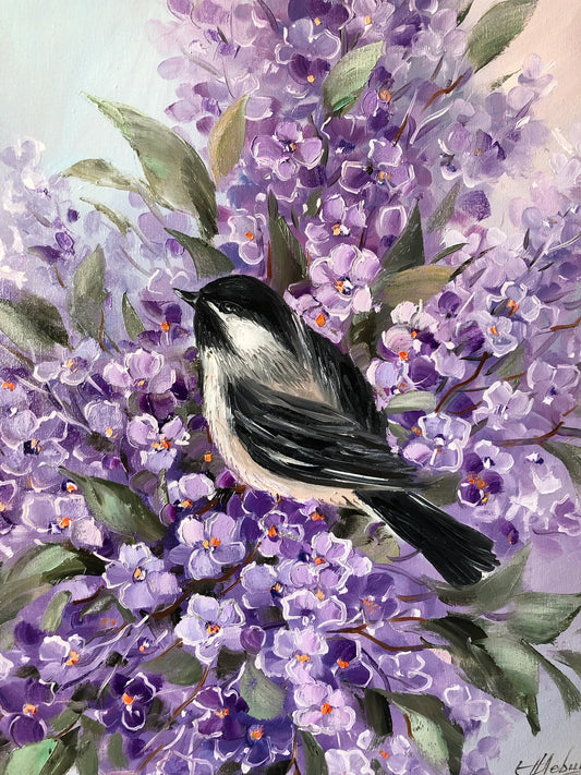 Bird Oil Painting on Canvas Flycatcher Bird in Bloom Flowers Painting Original Purple Blossom Tree Wall Art Custom Bird with Flowers Painting Gift