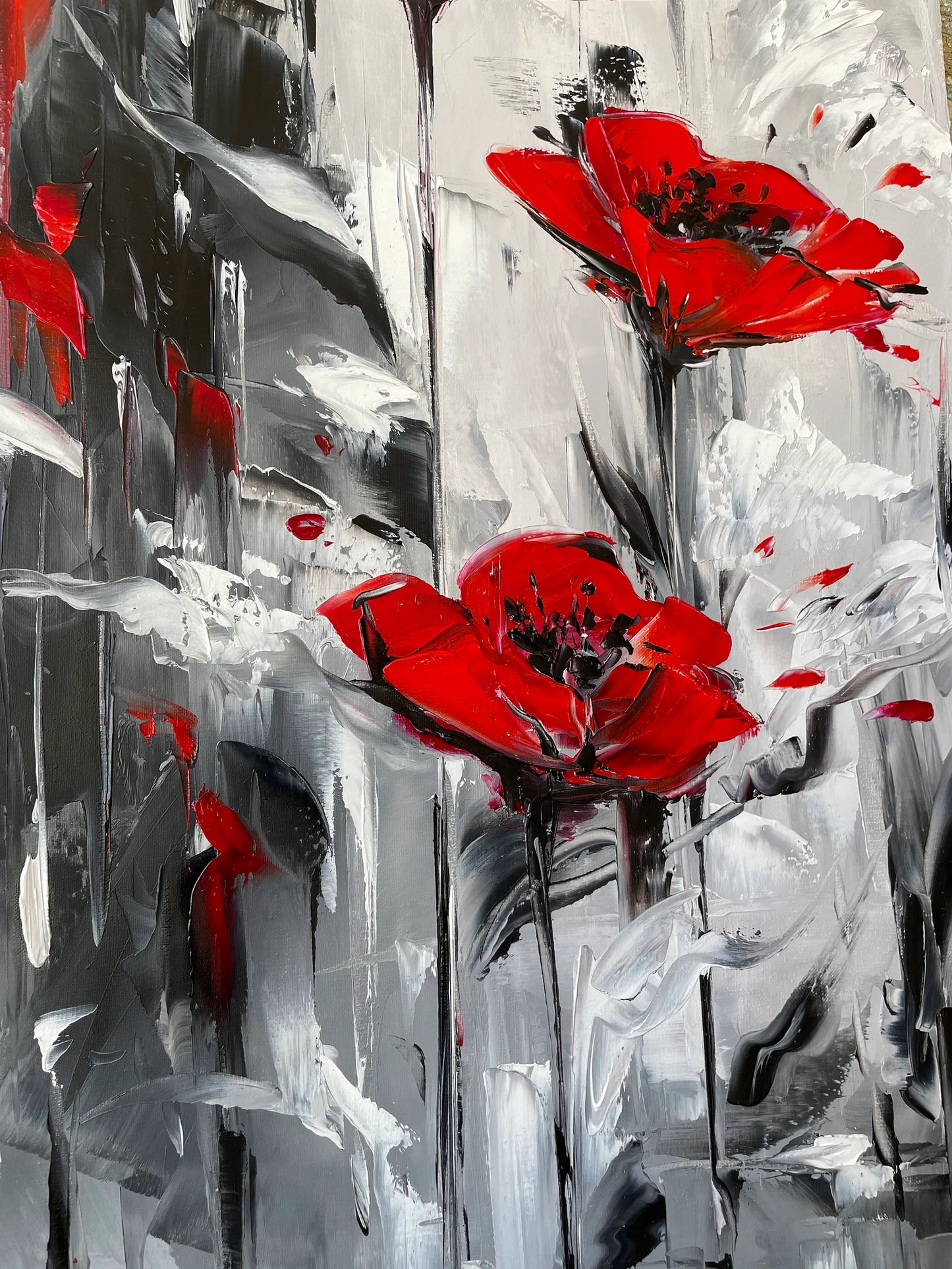 Abstract Red Poppies Painting on Canvas, Poppy Flower Wall Art, Large Abstract Floral Oil Painting