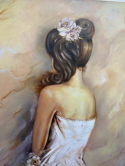 Elegant Lady Oil Painting on Canvas, Woman in Floral Dress Wall Art, Girl in Flower Dress Painting Original 30x60