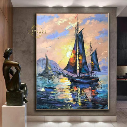 Sailboats Sunset Seascape Oil Painting, Blue Ocean Marine Wall Art, Colorful Sailing Ship Sea Painting