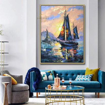 Sailboats Sunset Seascape Oil Painting, Blue Ocean Marine Wall Art, Colorful Sailing Ship Sea Painting