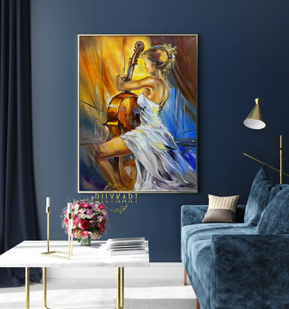 Woman Playing Cello Painting, Music Artist Wall Art, Lady with Cello Oil Painting on Canvas