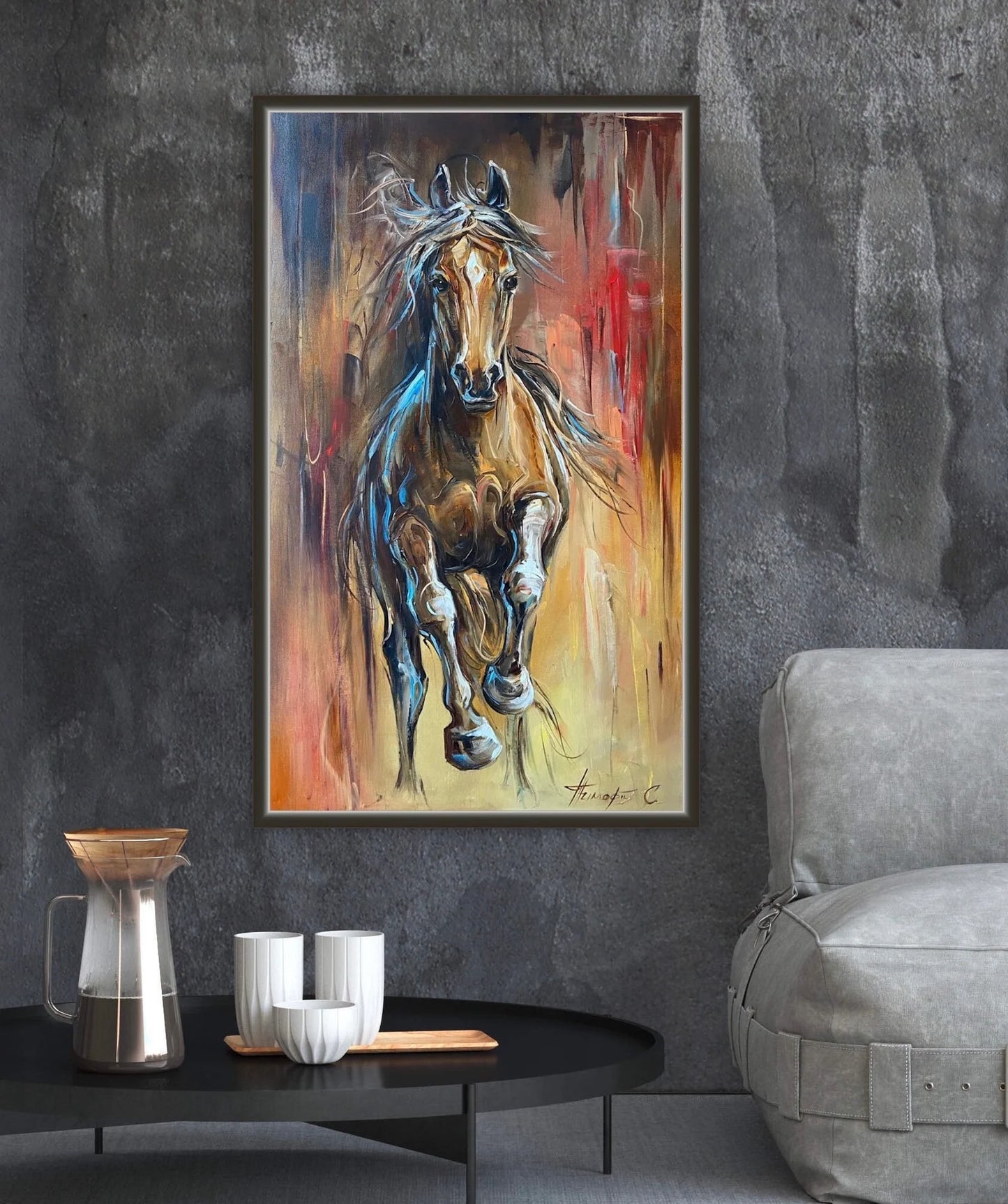 Running Horse Oil Painting on Canvas, Large Brown Horse Wall Art, Modern Abstract Horse Painting Original