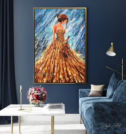 Large Violin Girl Oil Painting on Canvas Abstract Blue Musician Wall Art Oversized Woman in Gold Dress Painting Violin Artwork