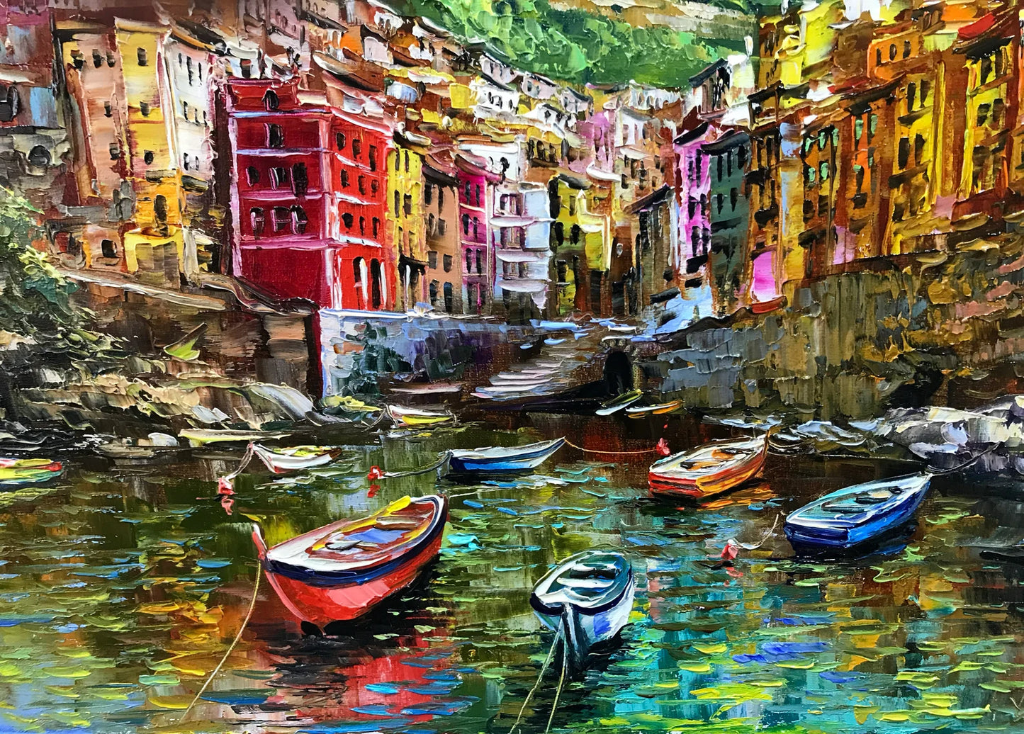 Cinque Terre Italy Oil Painting Original Italy Colorful Houses on Cliff Wall Art Riomaggiore Painting Cinque Terre Artwork