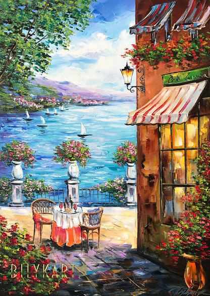 Mediterranean Scenery Oil Painting on Canvas Original Italian Cafe Painting Vacation Memory Gift Italy Oil Painting Mediterranean Art