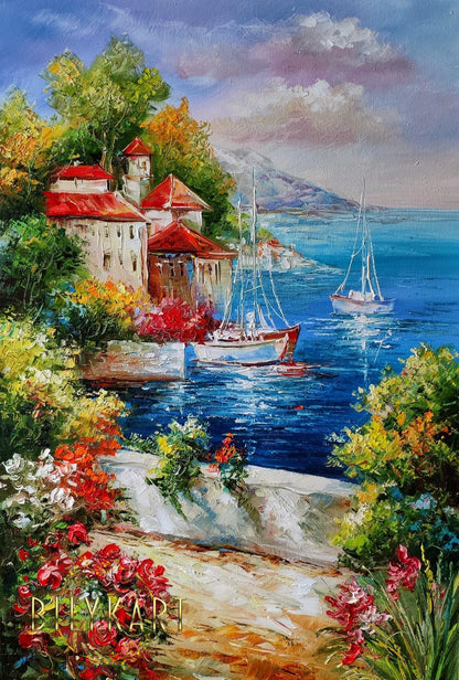 Large Italian Landscape Painting Framed Mediterranean Wall Art Italian Scenery Oil Paintings Original Italy Canvas Artwork