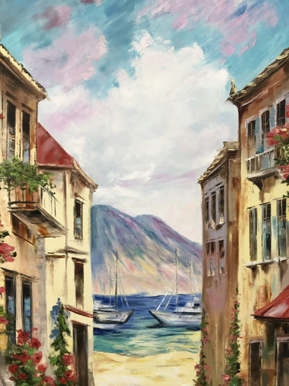 Large Italian Oil Paintings on Canvas Coastal Italian Village Painting Cinque Terre Street Wall Art Mediterranean Canvas Painting