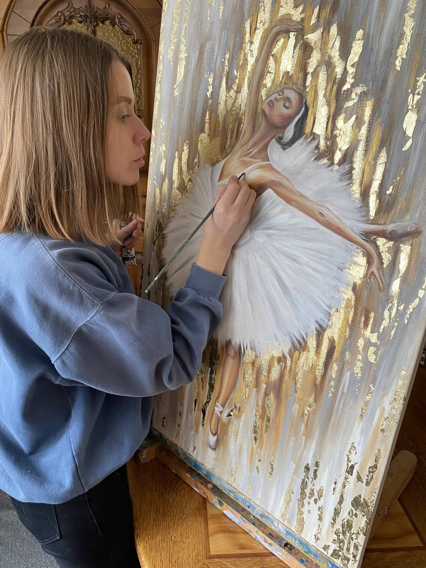Dancing Ballerina Oil Painting with Gold Leaf Abstract Background Ballet Dancer Wall Art Dancing Girl Painting on Canvas